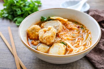 Thin rice noodles soup  with meatball in a ceramic bowl  with chopsticks on wooden backgroud 