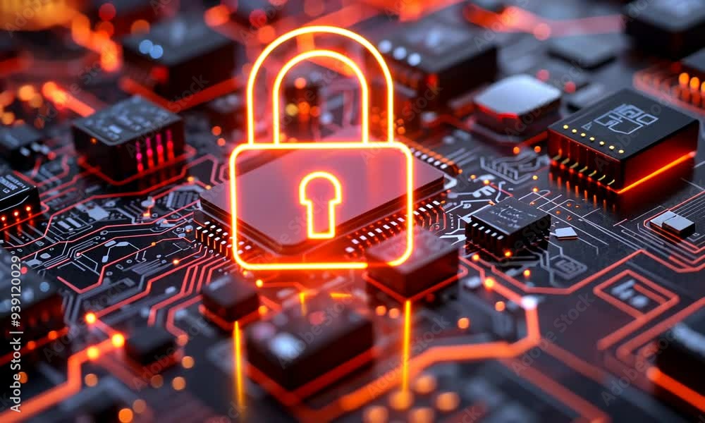 Poster a glowing padlock symbol on a circuit board, representing cybersecurity and data protection.