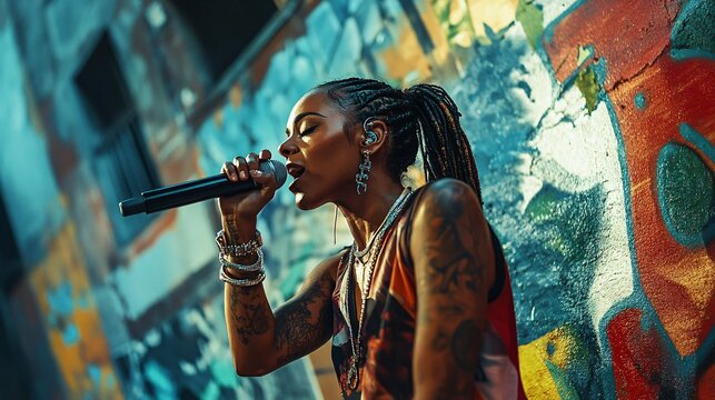 photo of a female rapper in front of a graffiti wall