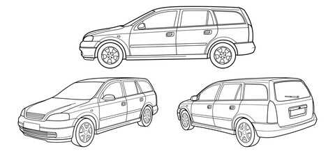 Set of classic station wagon. Different five view shot - front, rear, side and 3d. Outline doodle vector illustration