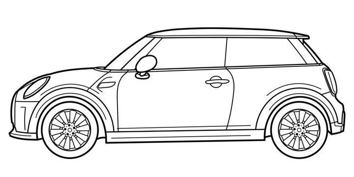 Ivano-Frankivsk, Ukraine - 18 Aug 2024: Outline drawing of a Hatch Mini Cooper 2nd generation is a retro-styled three-door hatchback city car. Vector doodle illustration, design for coloring book