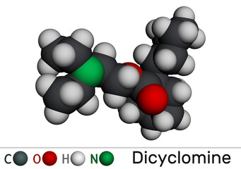 Dicyclomine, dicycloverine molecule. Antimuscarinic drug used to treat IBS. Molecular model. 3D rendering