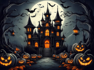 Halloween. Black scary castle with bats, pumpkins in the black forest