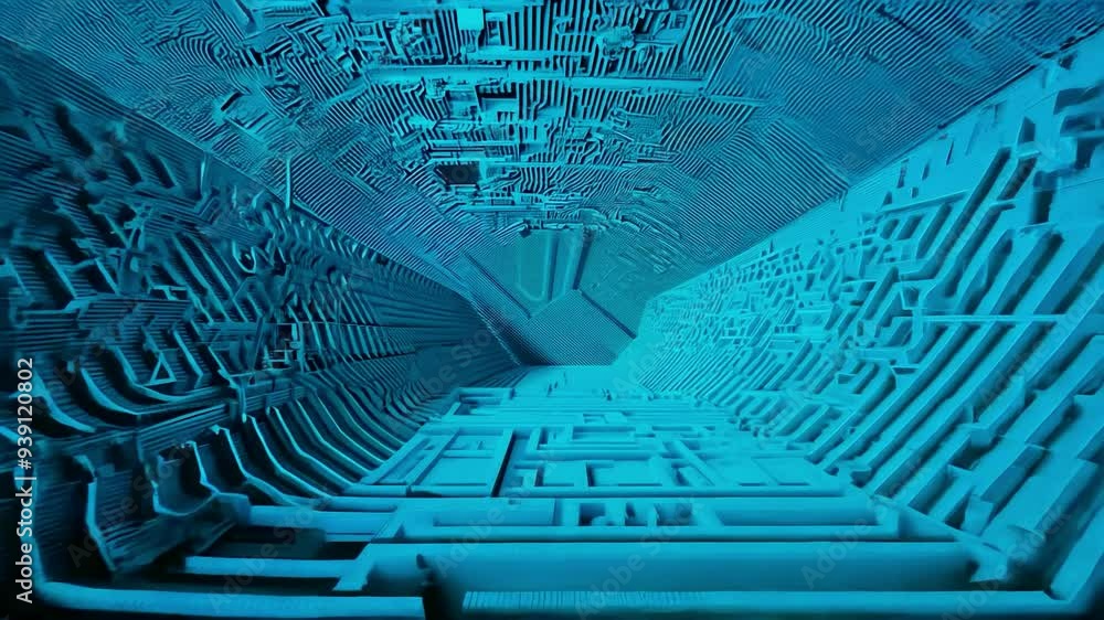 Aufkleber exploring a mesmerizing blue labyrinth with intricate patterns and textures, showcasing geometric de