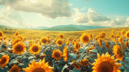 Fototapeta premium A summer landscape adorned with a multitude of sunflowers, rendered in an oil painting style.