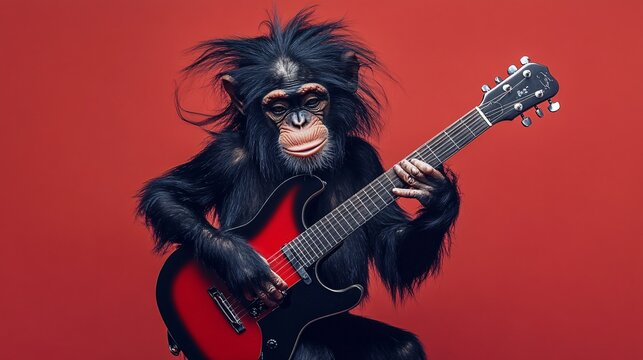 photo of a black monkey playing electric guitar