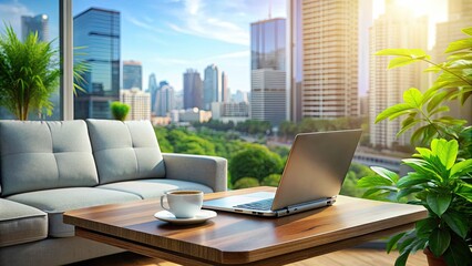 Fototapeta premium Flexible work arrangement illustration featuring laptop, notebook, and coffee cup on a couch, surrounded by subtle cityscape and greenery elements in the background.