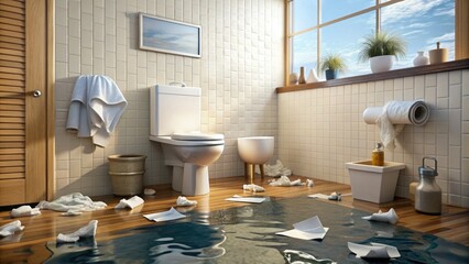 Flooding bathroom scene with murky water, toilet paper, and debris scattered on the floor, illustrating a severe sewer backup or plumbing emergency situation.