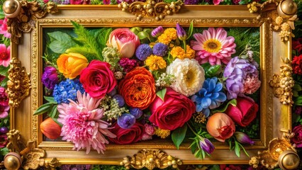 Floral Arrangement Of Various Vibrant Blooms Framed By An Elegant Gold Border, Exuding Beauty And Opulence.