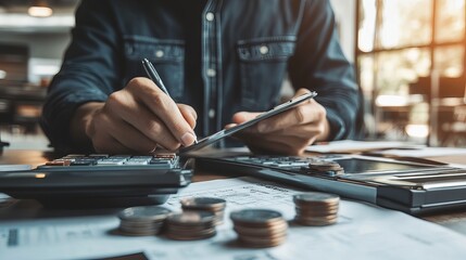 Tax deduction planning concept Businessman calculating financial balances and preparing for tax reductions