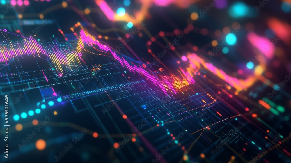 Poster detailed view of a financial graph showing stock price trends with colorful indicators and data poin