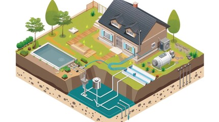 Rainwater harvesting system isometric diagram, illustration scheme with hose roof water runoff.