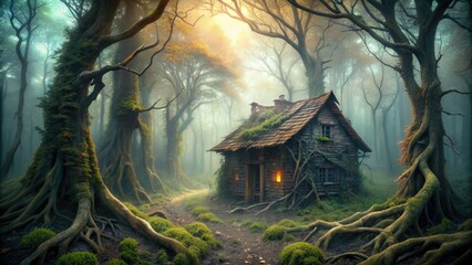 Forgotten cabin stands alone in misty forest, overgrown with vines, surrounded by twisted trees, their gnarled branches reaching like skeletal fingers in the fog.