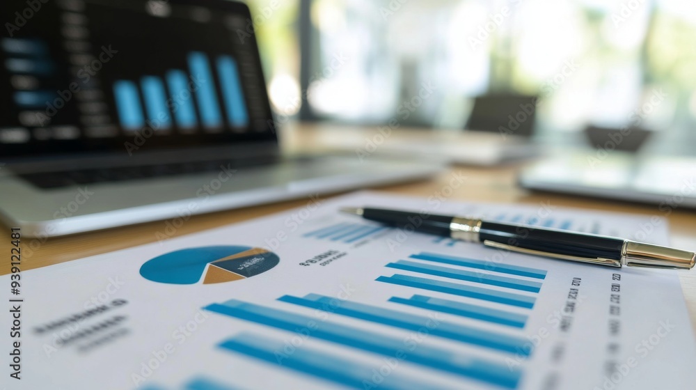 Fototapete detailed view of a financial report with bar graphs and pie charts on a desk with a laptop and pen