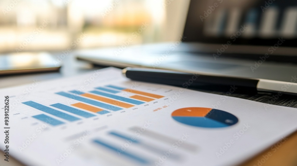 Poster detailed view of a financial report with bar graphs and pie charts on a desk with a laptop and pen