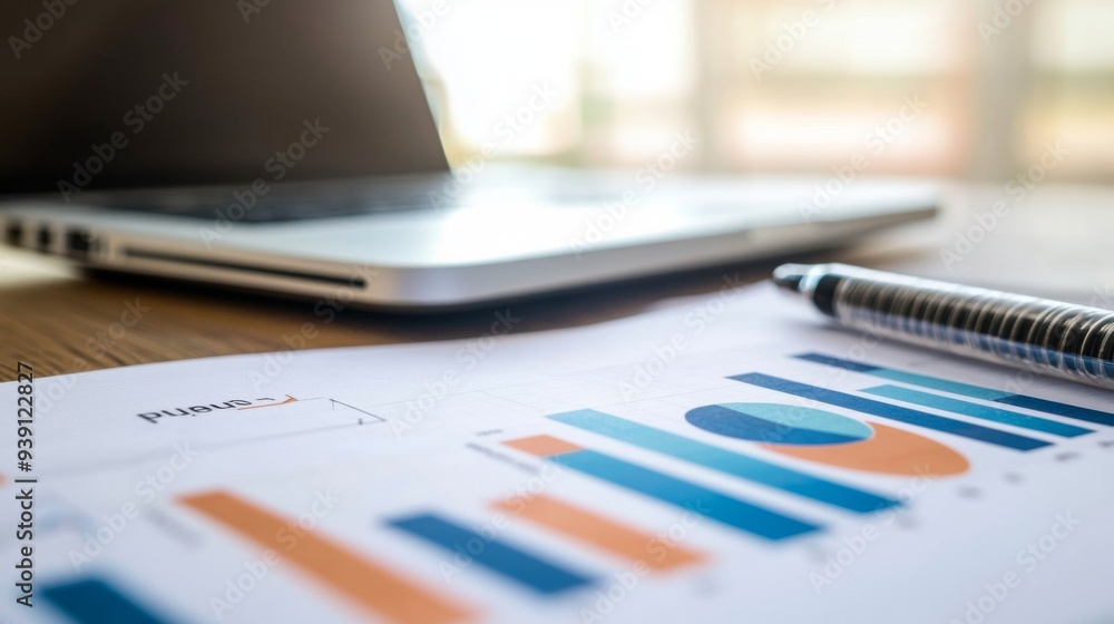 Poster detailed view of a financial report with bar graphs and pie charts on a desk with a laptop and pen