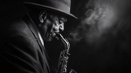 black and white photo of an old man playing saxophone