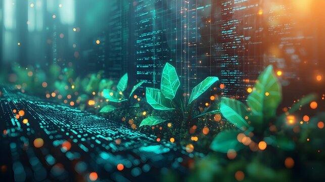 Digital Nature  Green Leaves with Glowing Lights and Code Background