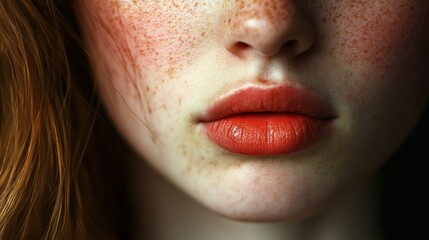 Close-up of a woman's freckled face with red lipstick