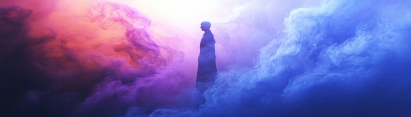 Fototapeta premium Silhouette of a Figure Standing in a Cloud of Blue and Purple Smoke