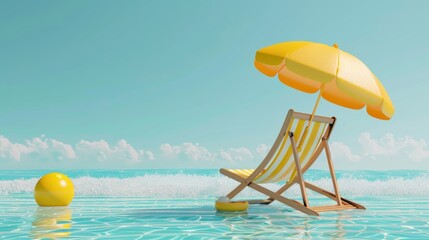 Set of yellow umbrellas and balls, holiday symbols of summer holidays, tourism and travel.