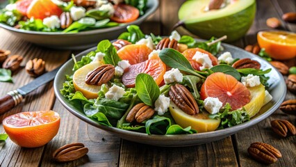 Fresh pomelo segments and mixed greens are combined with crunchy pecans, crumbled feta cheese, and a light citrus vinaigrette in a refreshing winter salad.