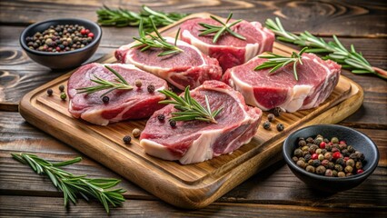 Fresh raw lamb shoulder chops on a wooden cutting board, garnished with fragrant rosemary sprigs and a sprinkle of coarse black pepper, awaiting preparation.