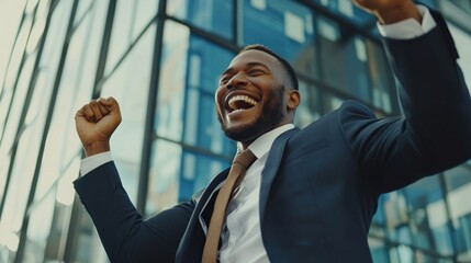 Fototapeta premium Business success. Excited multinational entrepreneurs making winner gesture while celebrating achieving impressive target. Lucky investor making profitable deal with promising international partner