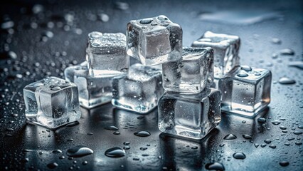 Fresh transparent ice cubes scattered on a sleek grey surface, glistening with condensation, ready to chill and refresh any beverage or culinary creation.