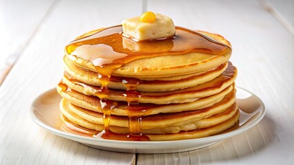 Freshly baked, fluffy, and golden-brown pancakes are stacked high on a pristine white background, invitingly topped with a pat of melting butter and syrup.