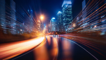 Ruch uliczny w mieście nocą, rozmyte swiatła samochodów, klimatyczna tapeta generative ai 