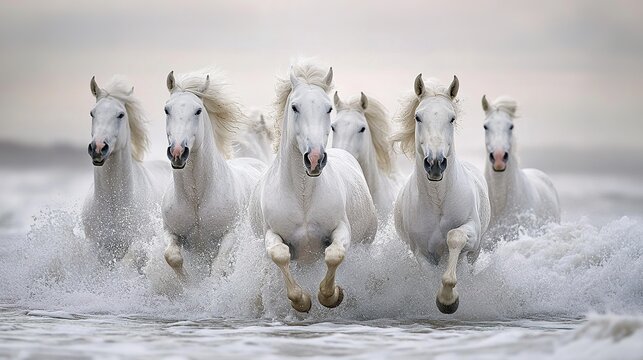 White horses of camargue running out of the water, camargue. Animal concept. copy space for text. Image of white horses.