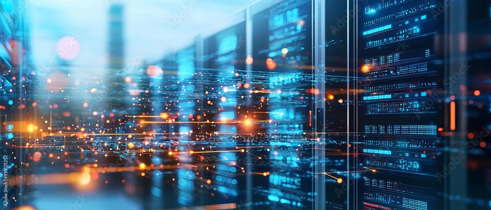 Poster a network of secure servers surrounded by glowing barriers, symbolizing the protection against hacke