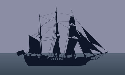Silhouette of a tall ship at sea. Vector illustration to decorate your designs and interiors in a marine style
