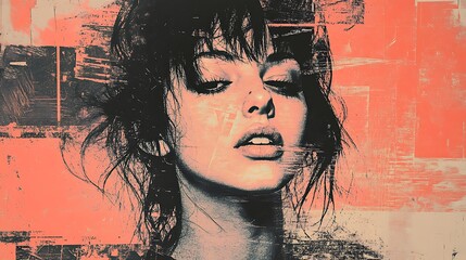 A close-up portrait of a woman with long dark hair and a coral background, painted in a textured style.