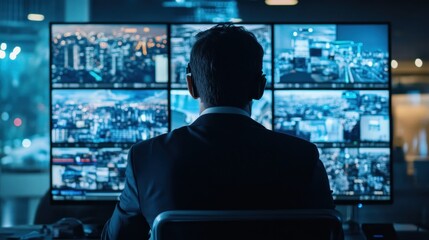 Security Personnel Monitoring City Surveillance Feeds