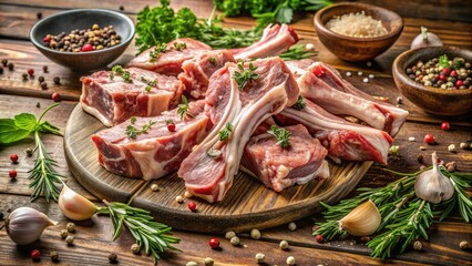 Freshly butchered raw pork bones scattered on a rustic wooden table, surrounded by scattered herbs and spices, awaiting slow-cooked savory goodness.