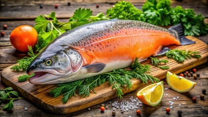 Freshly caught salmon with vibrant orange-pink flesh and silver skin, glistening with dew, lies on a rustic wooden table surrounded by lush greenery.