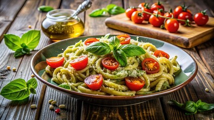 Freshly cooked trenette pasta tossed in a vibrant green basil pesto sauce, garnished with cherry tomatoes and grated Parmesan cheese, on a rustic wooden table.