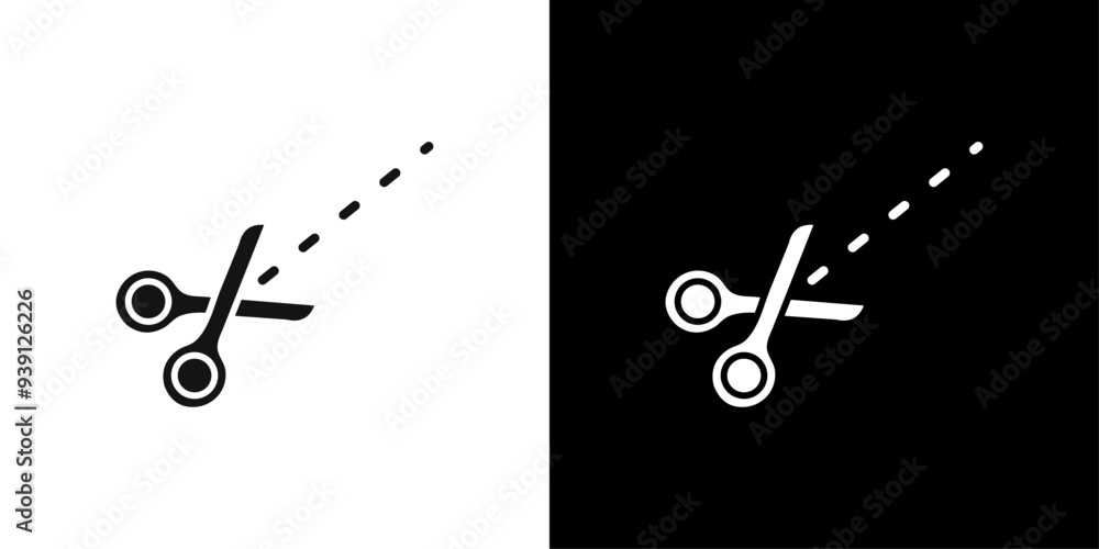 Poster scissors with cut lines icon flat vector set outline