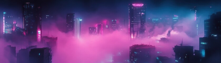 Fototapeta premium Neon-Lit Skyscrapers Emerging From Pink Fog in a Futuristic City