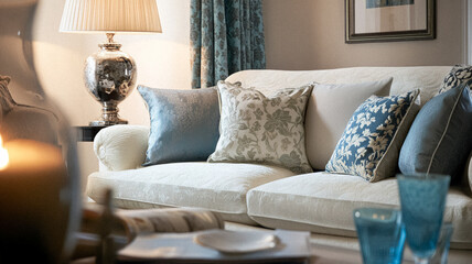 Elegant cottage or country house room, interior design and home decor, furniture and soft furnishing fabric and upholstery, English countryside style idea