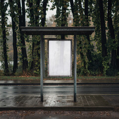 Deserted bus stop with a blank billboard. Ideal for creating melancholic or urban moods in your designs. Perfect for websites, social media, or print materials.