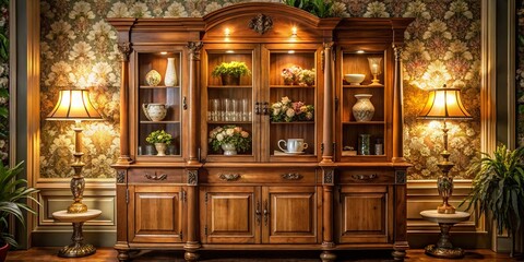 Warm, aged finishes mingle with soft golden light, delicate patterns, and intricate carvings, inviting you to linger in this cozy, nostalgic space.