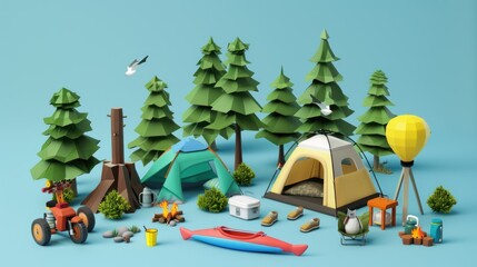 Bird's eye view of 3D icon camping and picnic adventure concept. 3D illustration