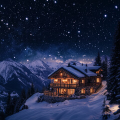 Fototapeta premium Grand Mountain Chalet Under a Starry Night Sky