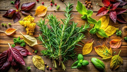 Obraz premium Freshly picked variety of green herbs including basil, rosemary, and thyme, surrounded by a scattering of vibrant autumn leaves on a rustic wooden table.