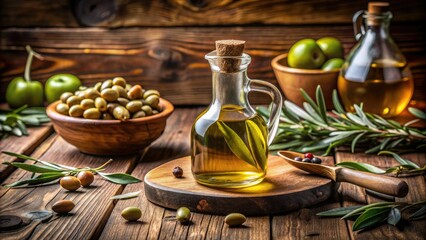 Fototapeta premium Freshly poured cold-pressed olive oil flows from a small glass bottle onto a rustic wooden table, surrounded by olives and vintage kitchen utensils.