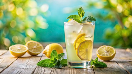 Fototapeta premium Freshly poured glass of ice-cold lemonade with condensation, garnished with a sprig of mint, set against a bright and refreshing summer background.