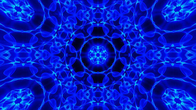 Abstract beautiful multicolor kaleidoscope background. Psychedelic blue geometric shapes. Beautiful multicolor kaleidoscopic texture. Unique kaleidoscope design.